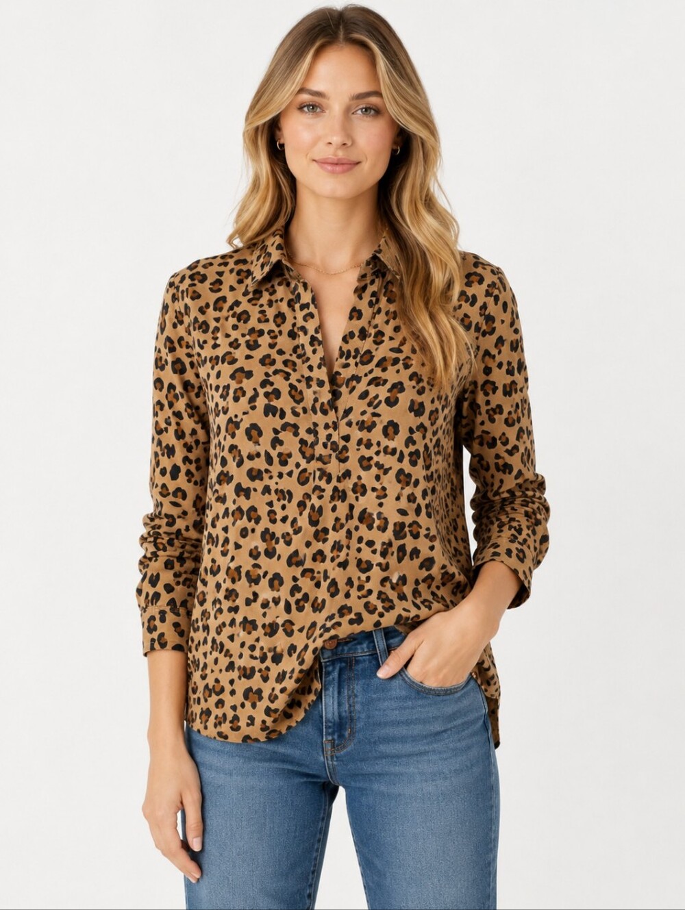 J.‎ Crew Leopard Print Popover Blouse Tan Black Long Sleeve Size Small